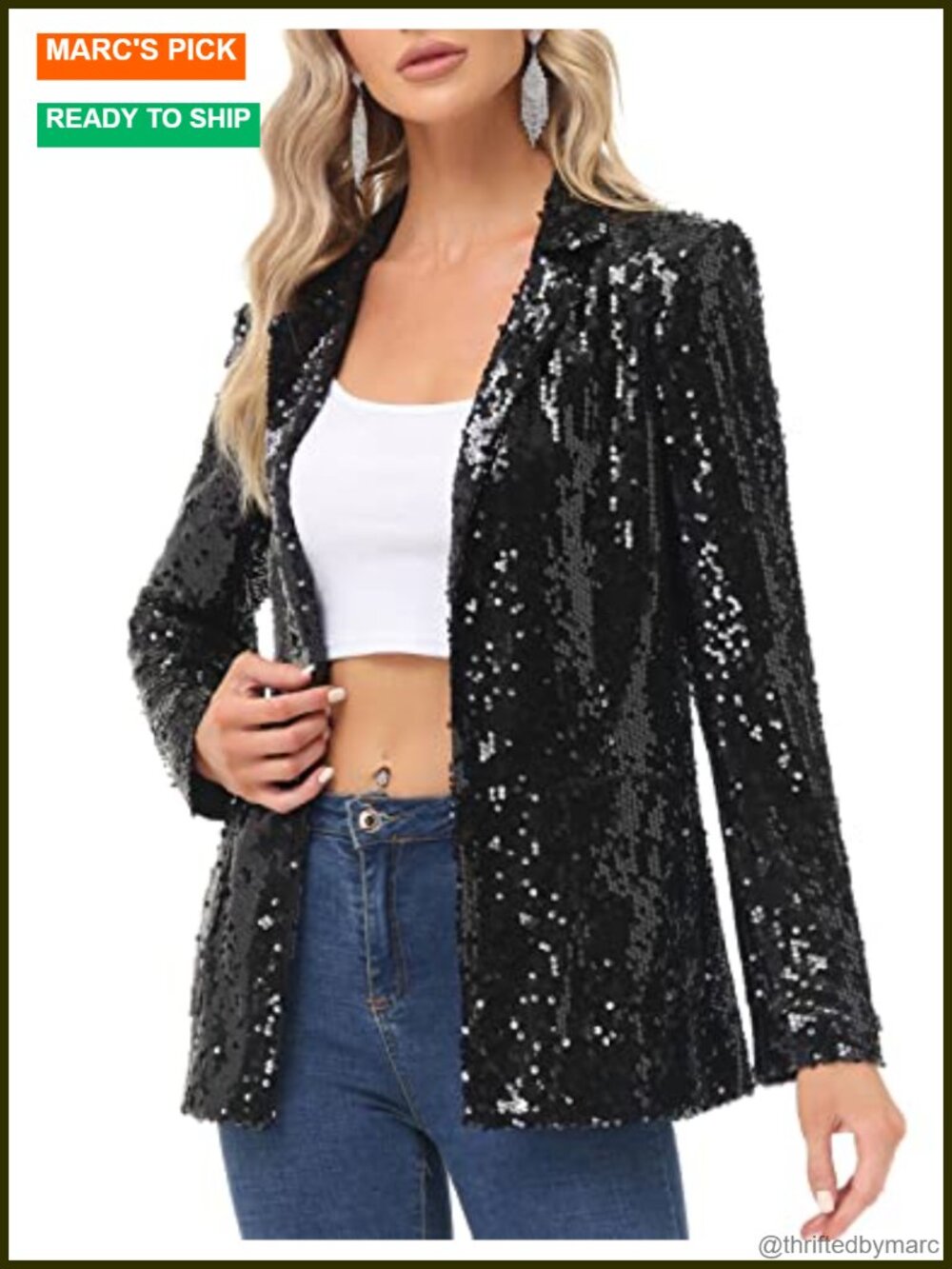 Sequin Blazer Jacket Open Front Long Sleeve Sparkly Cardigan Coat with Pockets